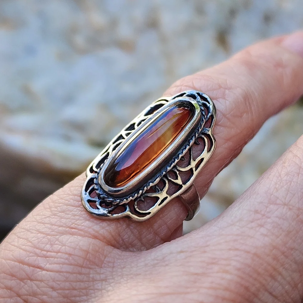 Estate Sterling Silver 925 Natural Baltic Amber Ring Honey Cognac Amber Jewelry